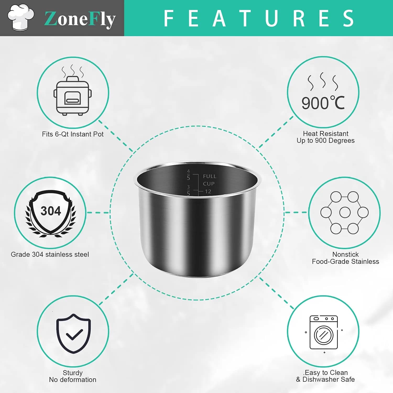 ZoneFly Stainless Steel Inner Pot & 2 Silicone Sealing Rings for Instant Pot 6 Qt | 2.27 kg (5 lb) Pot & Rings Set - view 2