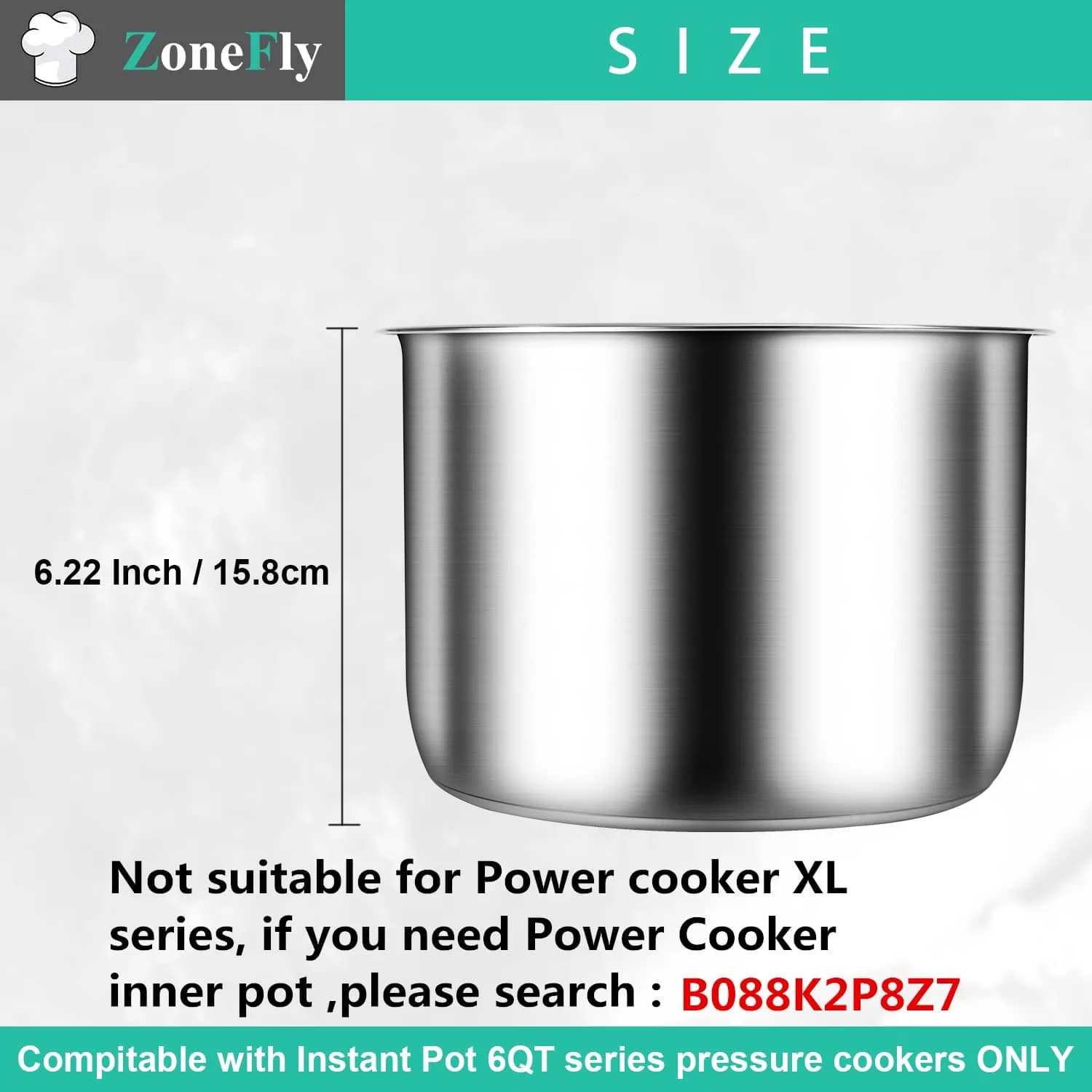 ZoneFly Stainless Steel Inner Pot & 2 Silicone Sealing Rings for Instant Pot 6 Qt | 2.27 kg (5 lb) Pot & Rings Set - view 4