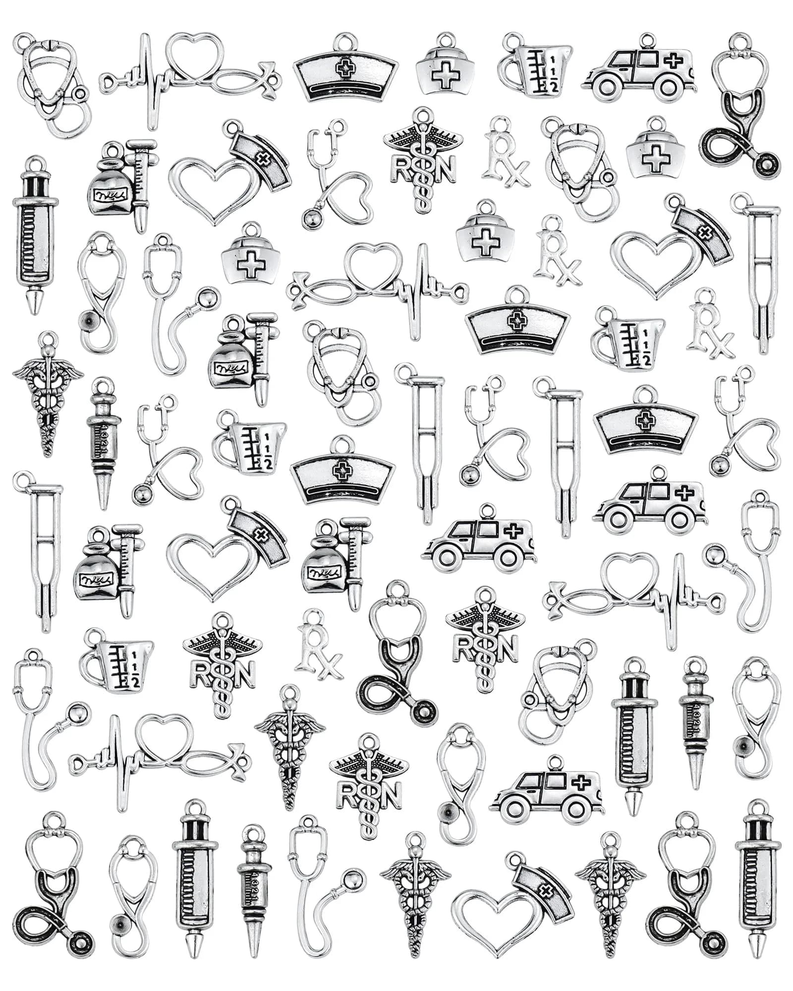 JIALEEY 72 PCS Medical Nurse Charms Mixed | Antique Silver Jewelry Making Accessories — Silver