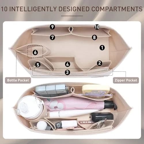 Doxo Purse Organizer Insert & Base Shaper 2pc Set, Felt Tote Bag Organizer with Zipper Pocket & Bottle Holder, 27cm (10.6") | Fits Neverfull PM & Speedy 30 thumbnail 5