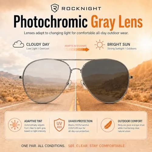 ROCKNIGHT Polarized Aviator Sunglasses Men Women UV400 Metal Frame Driving | Photochromic Lenses thumbnail 4