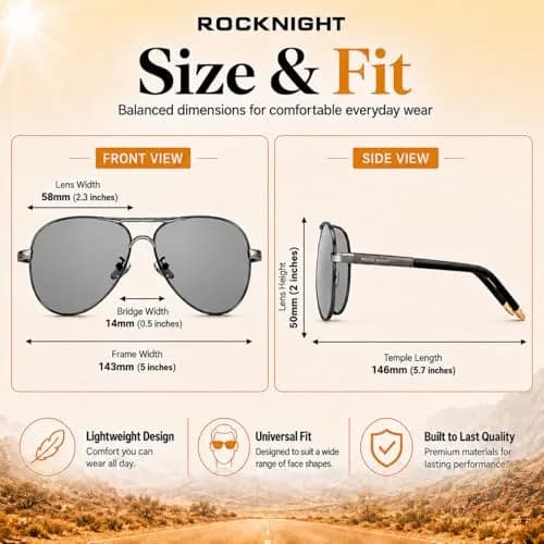 ROCKNIGHT Polarized Aviator Sunglasses Men Women UV400 Metal Frame Driving | Photochromic Lenses thumbnail 5