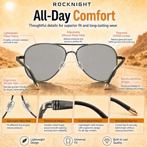 ROCKNIGHT Polarized Aviator Sunglasses Men Women UV400 Metal Frame Driving | Photochromic Lenses thumbnail 6