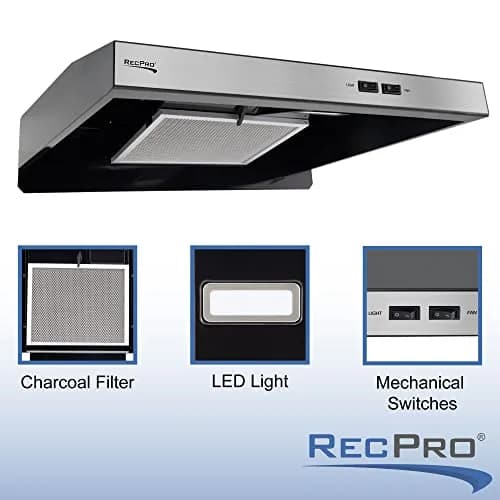 RecPro RV Range Hood Stainless Steel 53.34cm (21in) W x 48.26cm (19in) D x 8.26cm (3.25in) H | 12V DC Hard-Wired Installation with Charcoal Filter & LED Light thumbnail 5