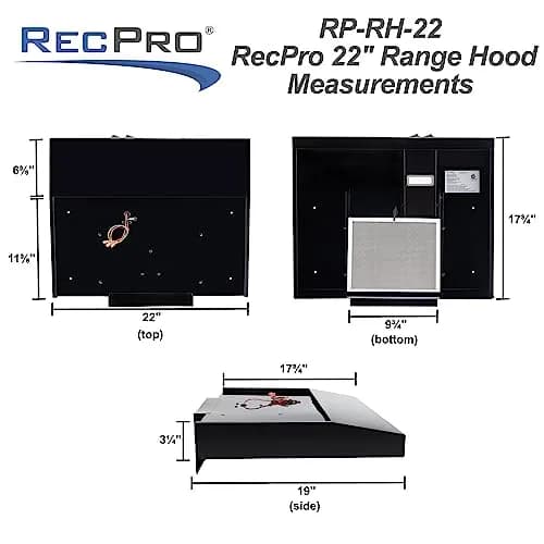 RecPro RV Range Hood Black 52.8cm (22"W x 19"D x 3 1/4"H) | 12V DC Hard-Wired Installation with Charcoal Filter & LED Light thumbnail 4