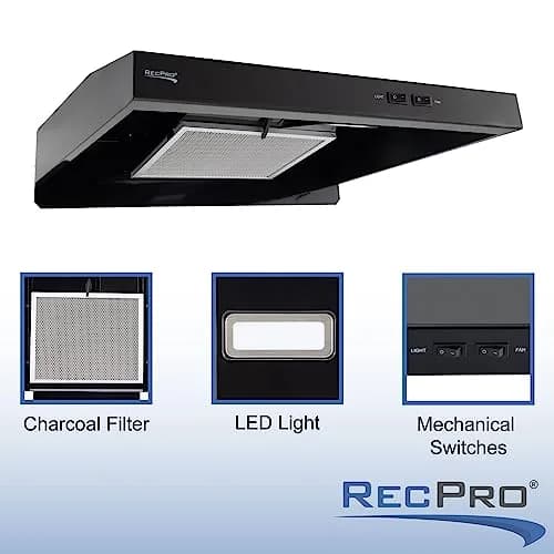 RecPro RV Range Hood Black 52.8cm (22"W x 19"D x 3 1/4"H) | 12V DC Hard-Wired Installation with Charcoal Filter & LED Light thumbnail 2