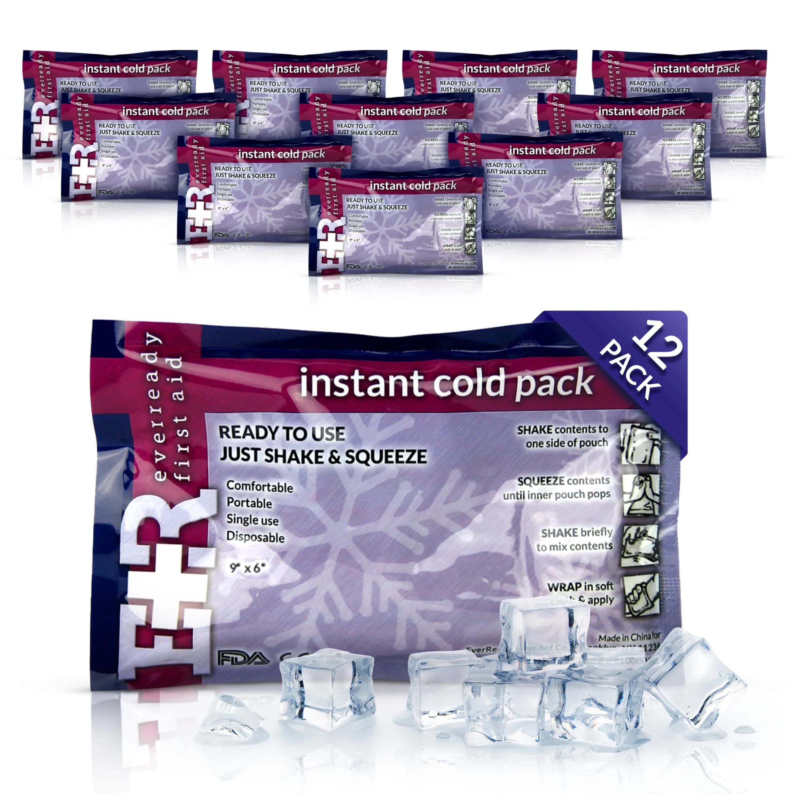 Ever Ready First Aid Disposable Instant Cold Compress Pack 12 Count (4.5" x 7") | Immediate Pain Relief & Swelling Reduction — Multicolor