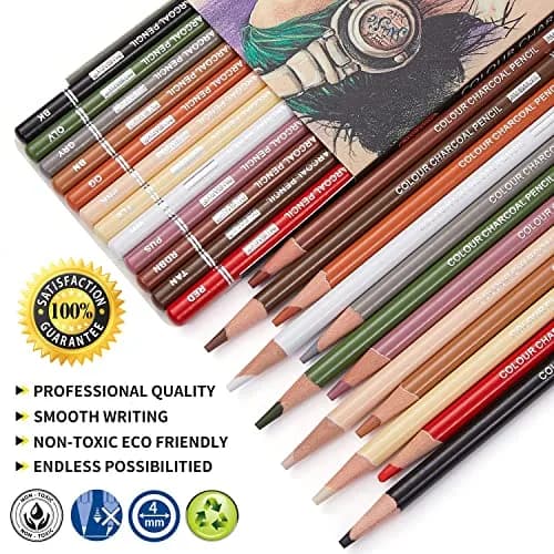 PANDAFLY Professional Colored Charcoal Pencils Drawing Set 12 Colors | Non-Toxic Art Drawing Pencils thumbnail 2