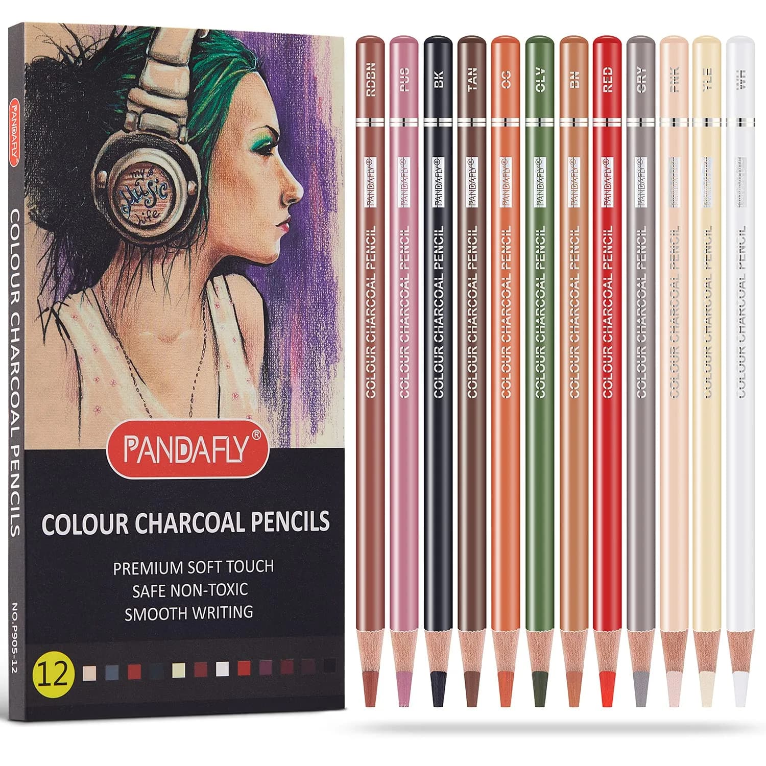 PANDAFLY Professional Colored Charcoal Pencils Drawing Set 12 Colors | Non-Toxic Art Drawing Pencils - main product image