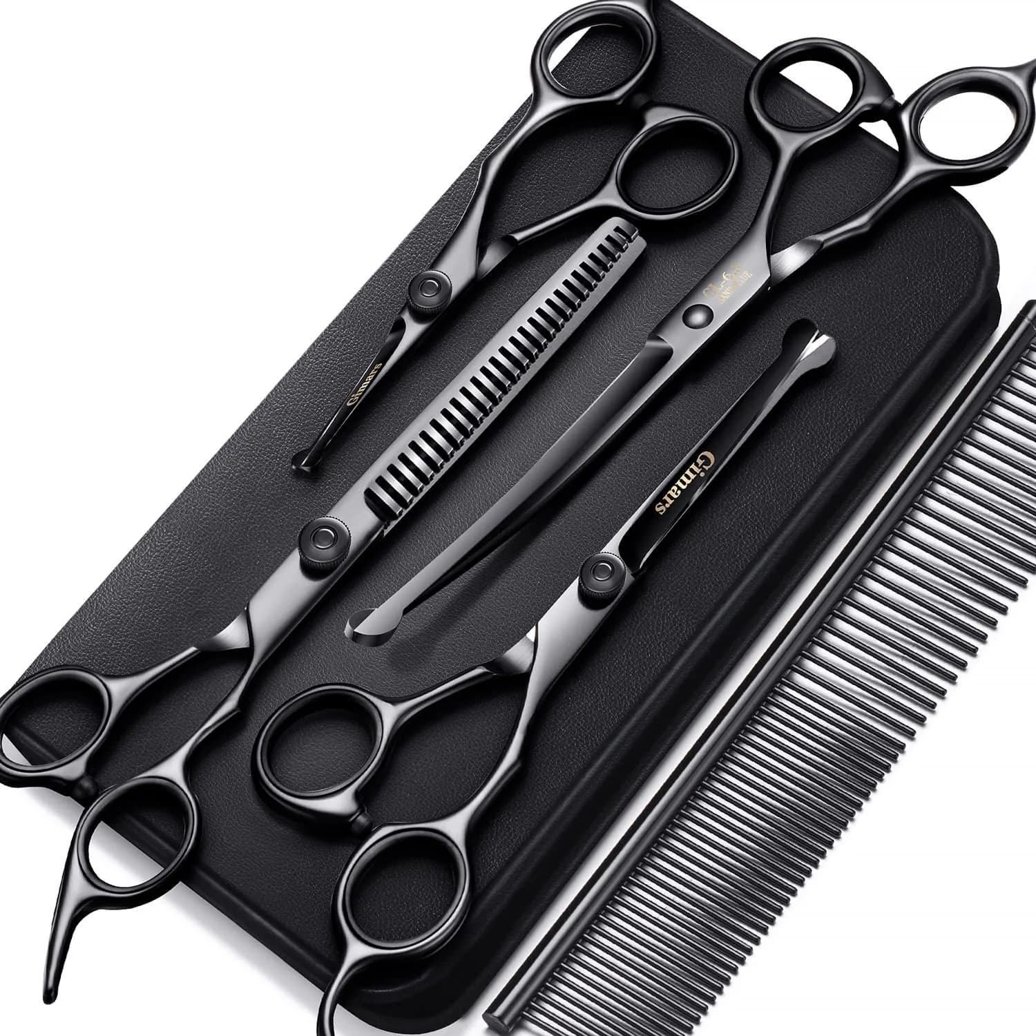 Gimars 7inch Professional 4CR Stainless Steel 6 in 1 Grooming Scissors for Dogs with Safety Round Tip | Heavy Duty Titanium Coated Pet Grooming Shears