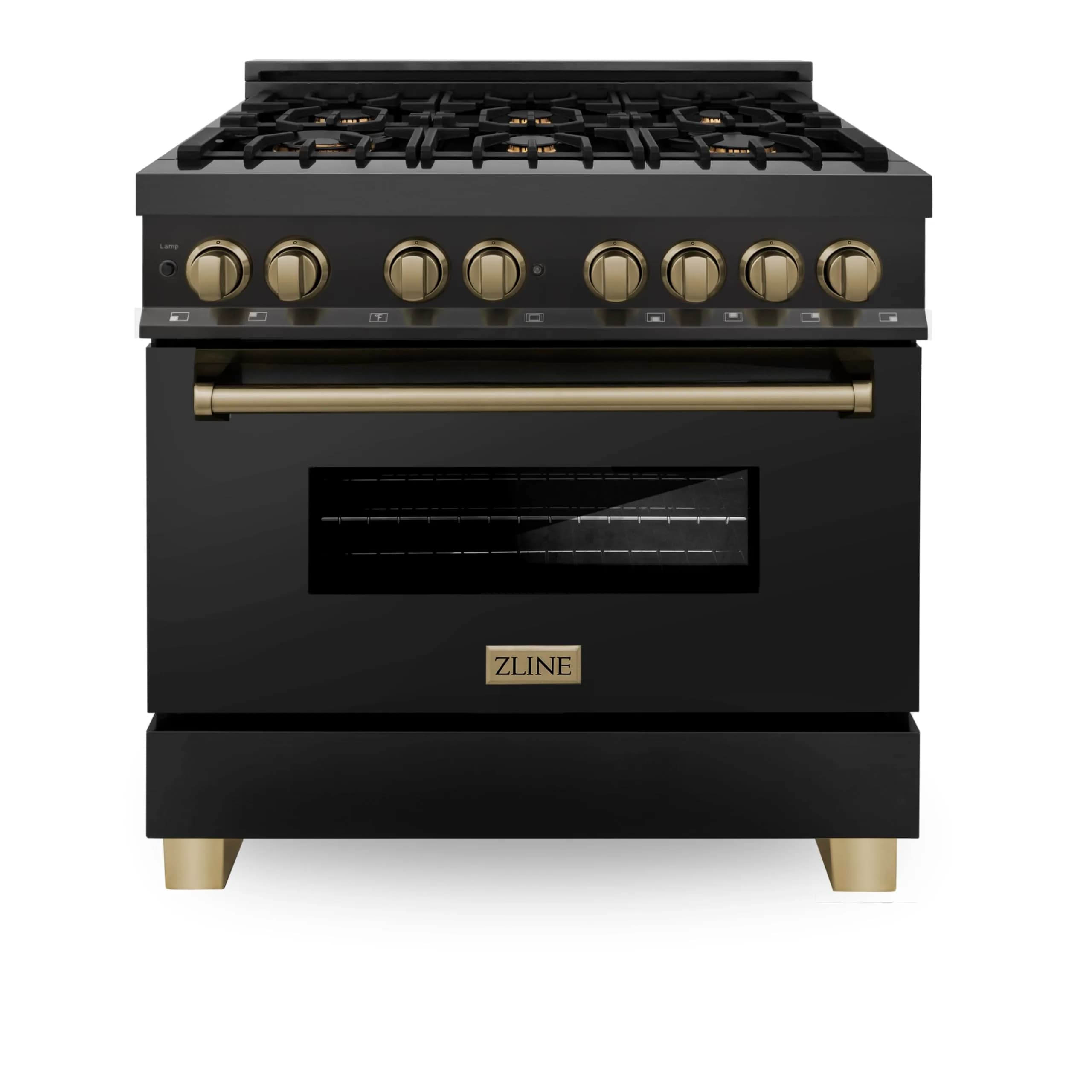 ZLINE Autograph Edition 36 in. 4.6 cu. ft. Dual Fuel Range with 6 Burner Gas Cooktop and Electric Convection Oven in Black Stainless Steel and Champagne Bronze Accents