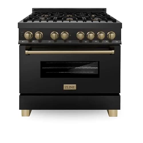 ZLINE Autograph Edition 36 in. 4.6 cu. ft. Dual Fuel Range with 6 Burner Gas Cooktop and Electric Convection Oven in Black Stainless Steel and Champagne Bronze Accents thumbnail 1