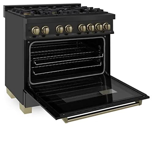 ZLINE Autograph Edition 36 in. 4.6 cu. ft. Dual Fuel Range with 6 Burner Gas Cooktop and Electric Convection Oven in Black Stainless Steel and Champagne Bronze Accents thumbnail 2