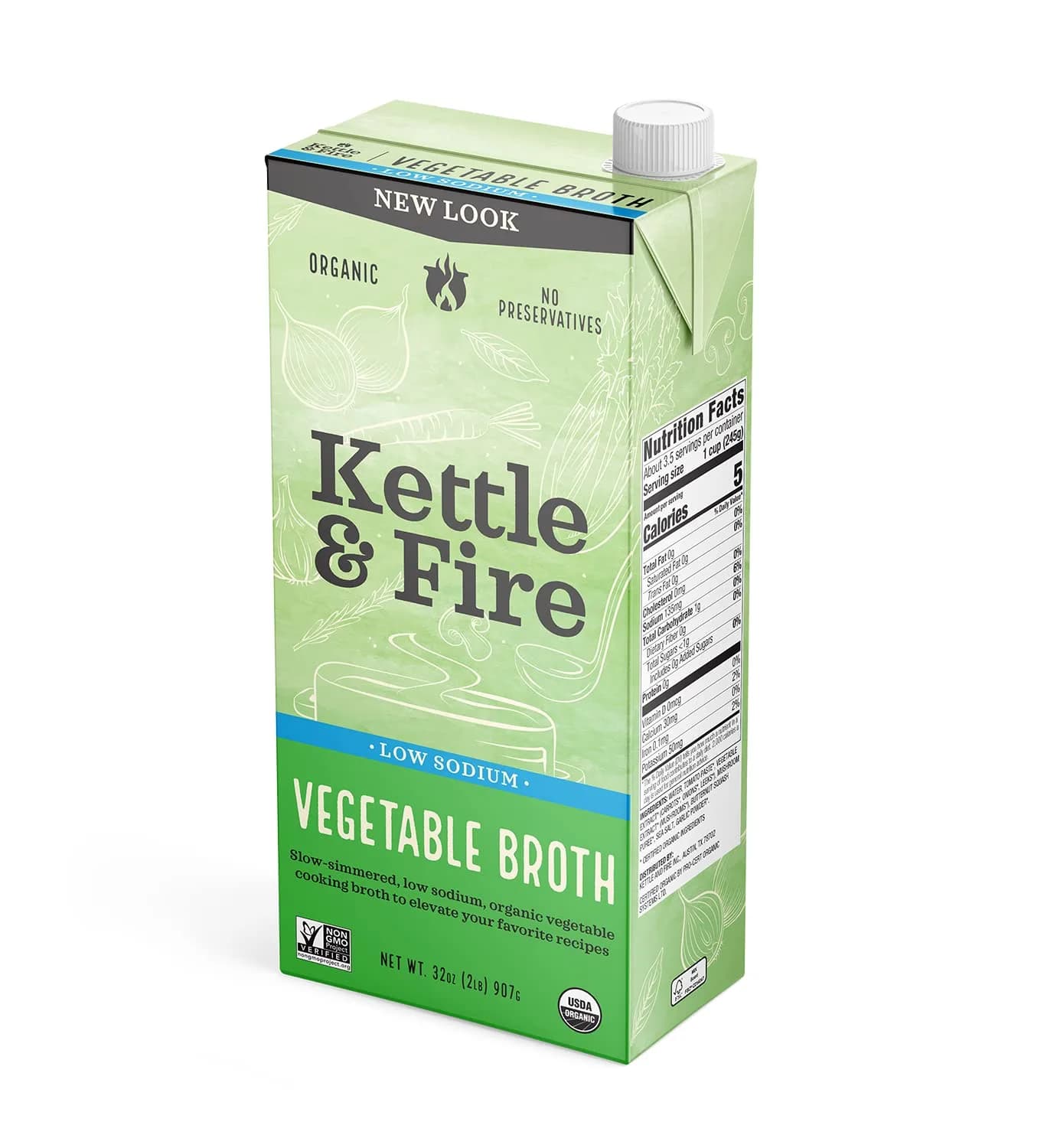 Kettle & Fire Organic Vegetable Cooking Broth Low Sodium 946ml (32 Ounce) | USDA Organic, Vegan, Gluten-Free — Vegetable