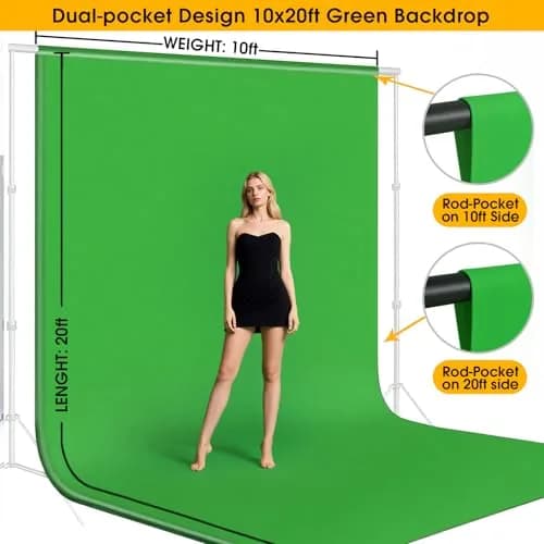 CPLIRIS 10x20ft Green Screen Backdrop for Photography, Dual-Size Dual-Pocket Design | Seamless Chromakey Background for Photoshoot & Video thumbnail 2