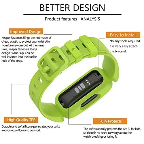TopPerfekt Silicone Replacement Band Lime | Waterproof Sport Strap for Fitbit Ace 3 Kids thumbnail 5