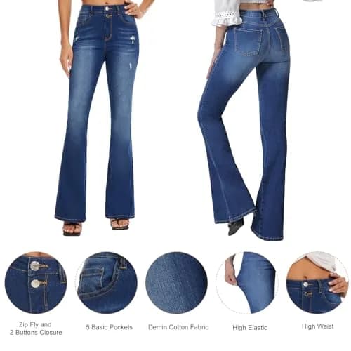 VIPONES Bell Bottom Jeans for Women High Waisted Bootcut Stretch Flare Blue Denim Pants (101, 2) | Vintage 70s Flare Fit with Comfort Stretch thumbnail 6