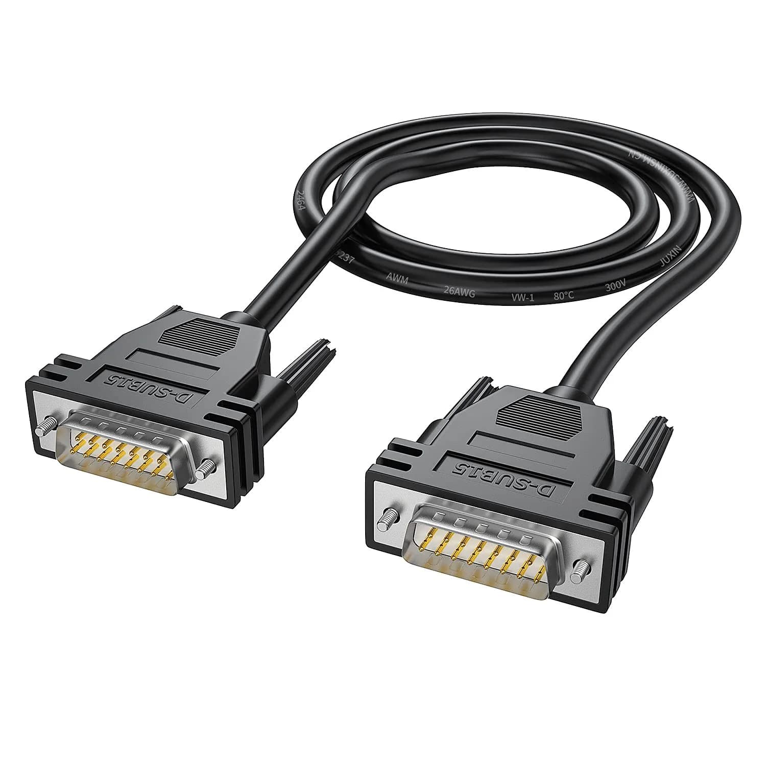 JUXINICE DB15 Male to Male Serial Cable 3m (10ft) | Double Shielded Metal Braided RS232 Extension — Male to Male