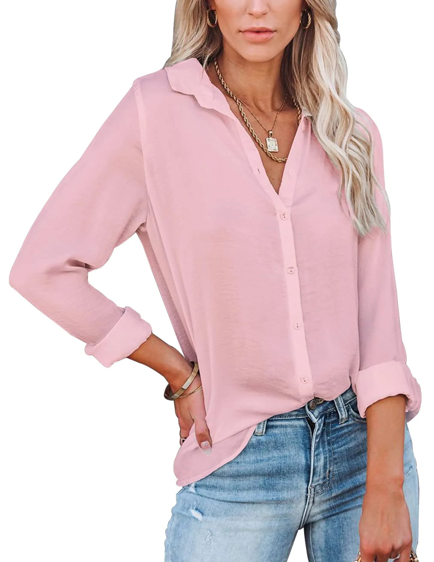 Diosun V Neck Button Down Shirts Long & Short Sleeve Pink | Casual & Breathable Fit