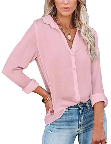 Diosun V Neck Button Down Shirts Long & Short Sleeve Pink | Casual & Breathable Fit thumbnail 1
