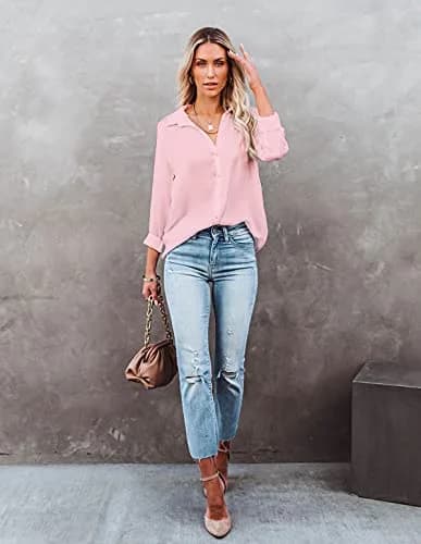 Diosun V Neck Button Down Shirts Long & Short Sleeve Pink | Casual & Breathable Fit thumbnail 4