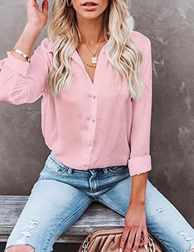 Diosun V Neck Button Down Shirts Long & Short Sleeve Pink | Casual & Breathable Fit thumbnail 2