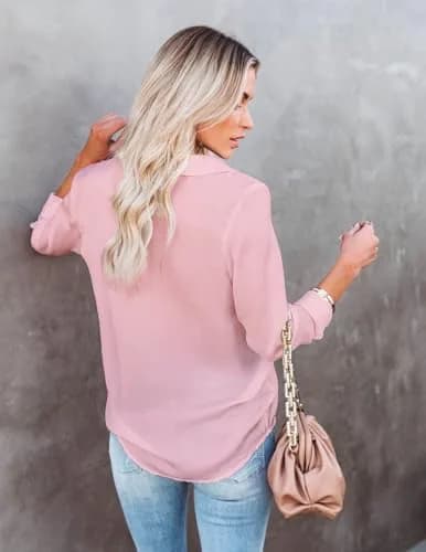 Diosun V Neck Button Down Shirts Long & Short Sleeve Pink | Casual & Breathable Fit thumbnail 3