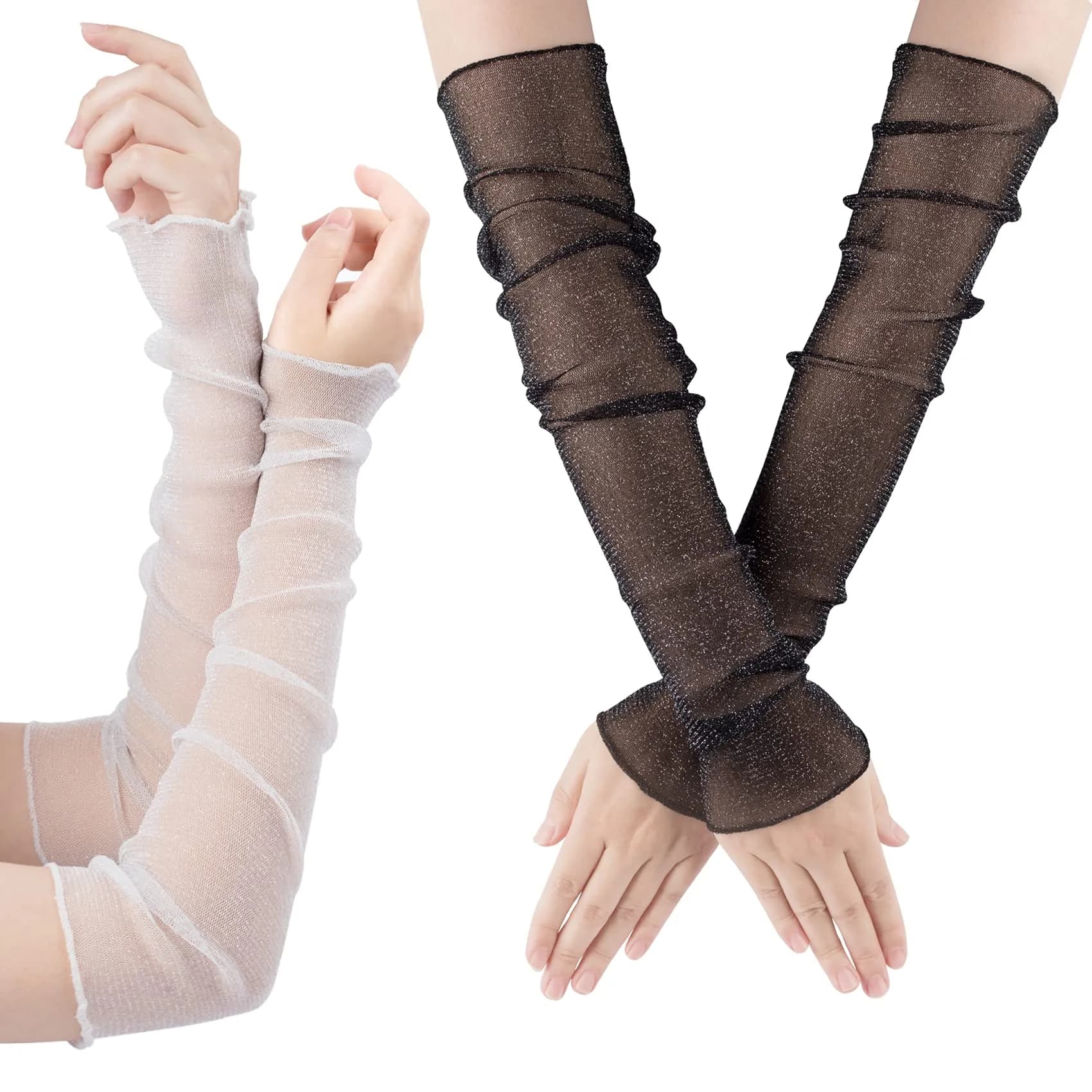 OIIKI Women Long Ultra-thin Lace Gloves Sun UV Protection | Breathable Mesh Fabric, Unisex Fit, 2 Pairs - main product image