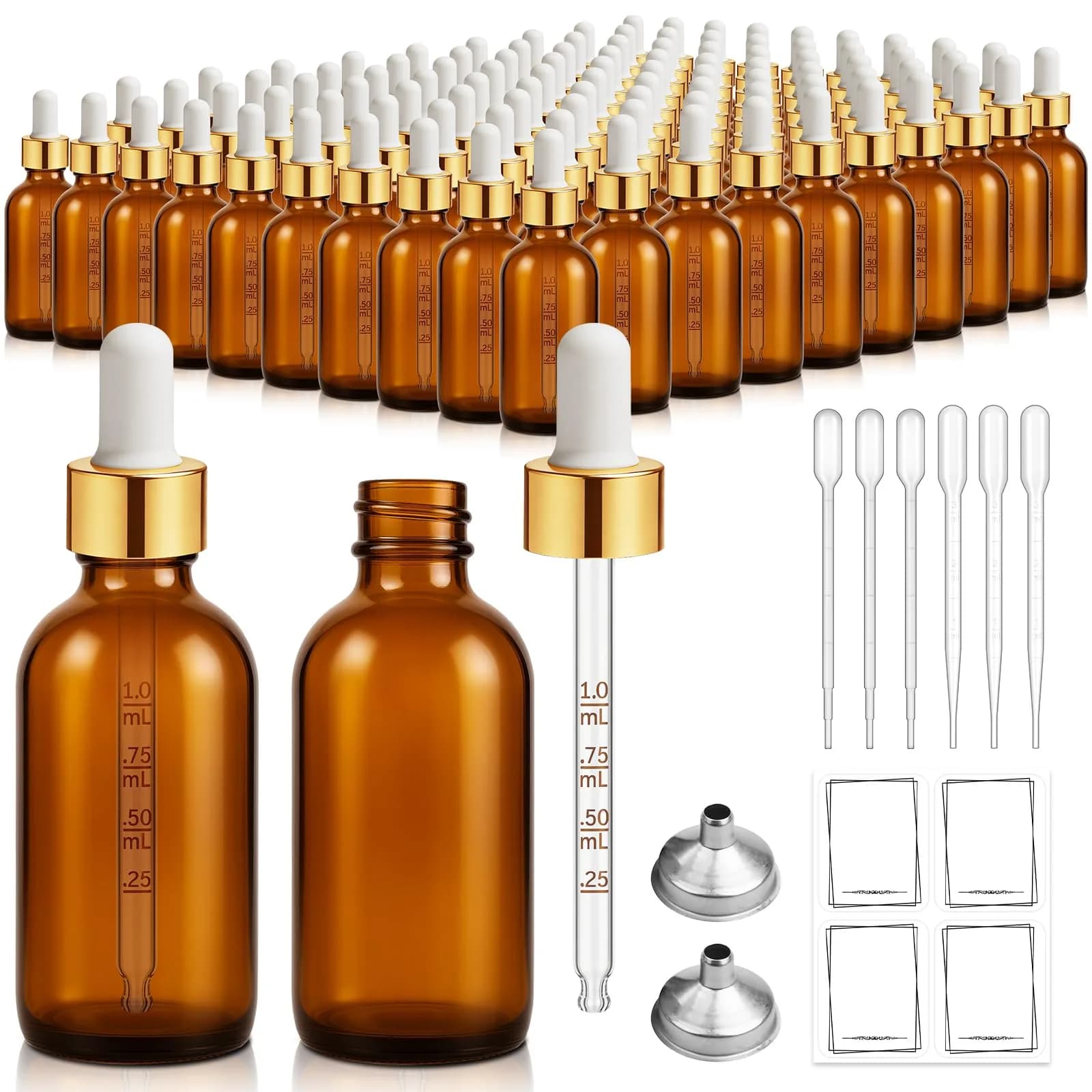 Bumobum 99 Pack 2 oz Amber Glass Dropper Bottles | Leakproof, Travel-Friendly, Essential Oil Storage