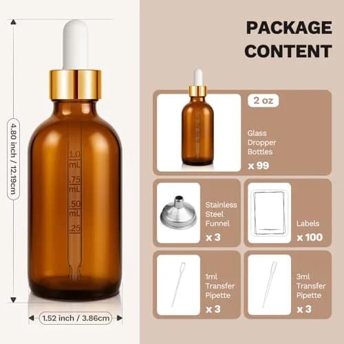 Bumobum 99 Pack 2 oz Amber Glass Dropper Bottles | Leakproof, Travel-Friendly, Essential Oil Storage thumbnail 6