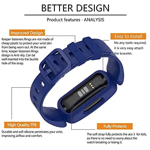 TopPerfekt Silicone Replacement Band for Fitbit Ace 3 | Waterproof Kids Watch Strap (Blue) thumbnail 5