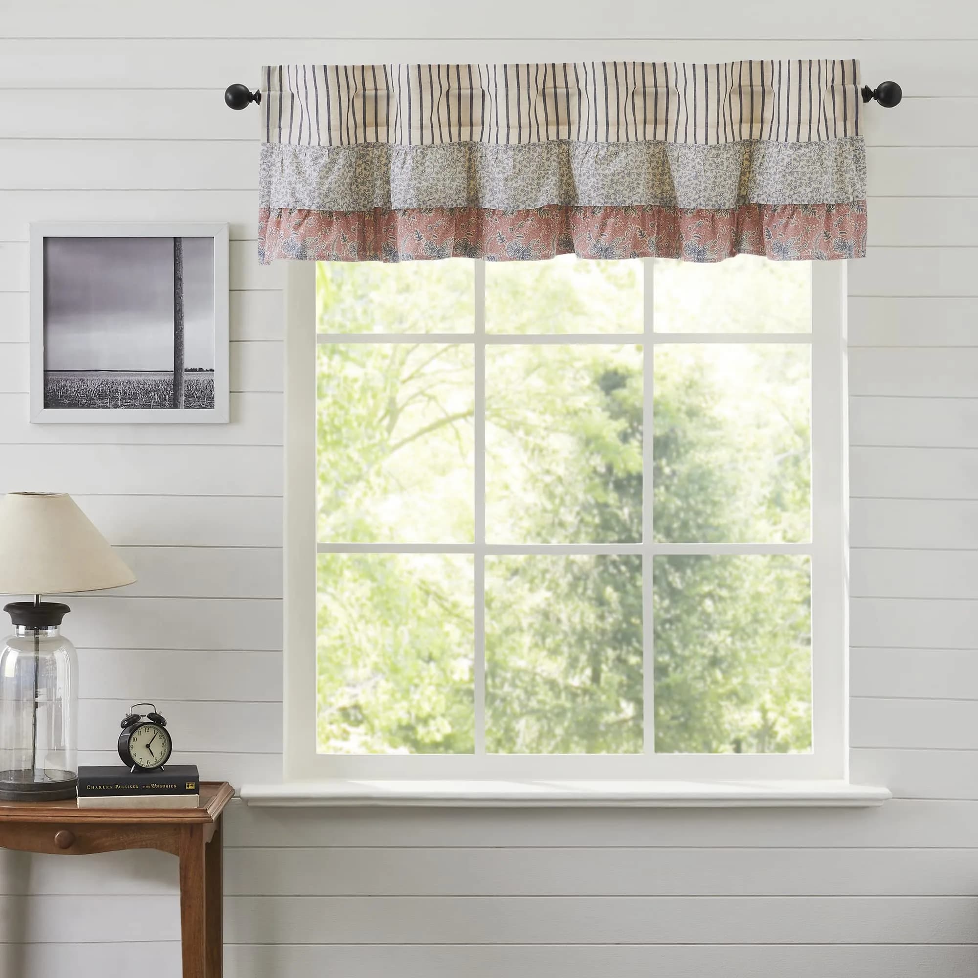 VHC Brands Kaila Country Cottage Ruffled Blue Ticking Stripe Kitchen Curtain Valance 16x60 | Vintage, Light-Filtering Cotton