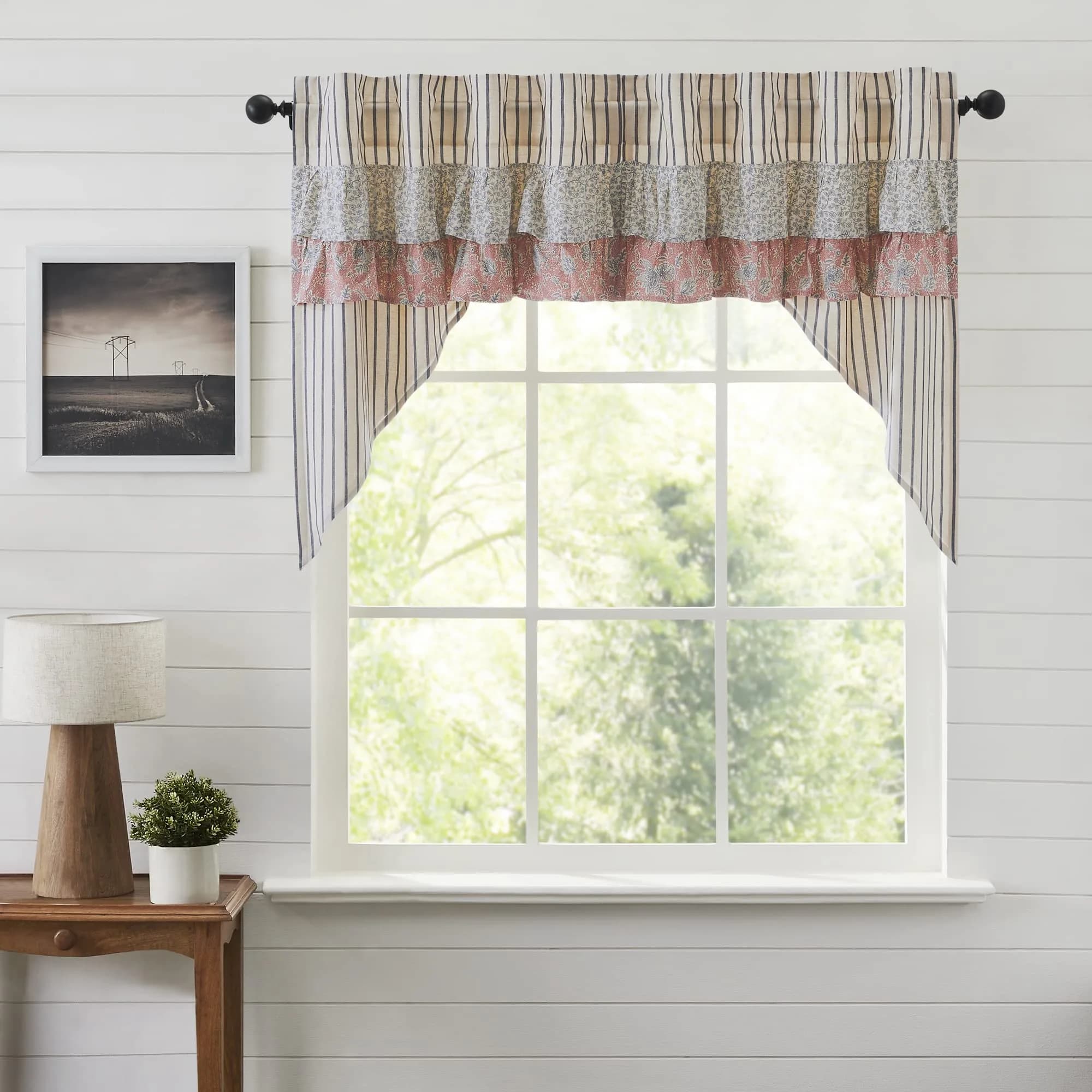 VHC Brands Kaila Country Cottage Ruffled Blue Ticking Stripe Kitchen Curtain Swag Set 36x36x16 | Farmhouse Charm with Light Filtering Privacy — Blue