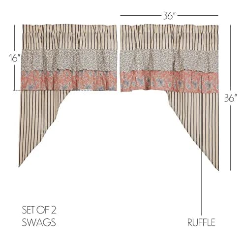 VHC Brands Kaila Country Cottage Ruffled Blue Ticking Stripe Kitchen Curtain Swag Set 36x36x16 | Farmhouse Charm with Light Filtering Privacy thumbnail 2