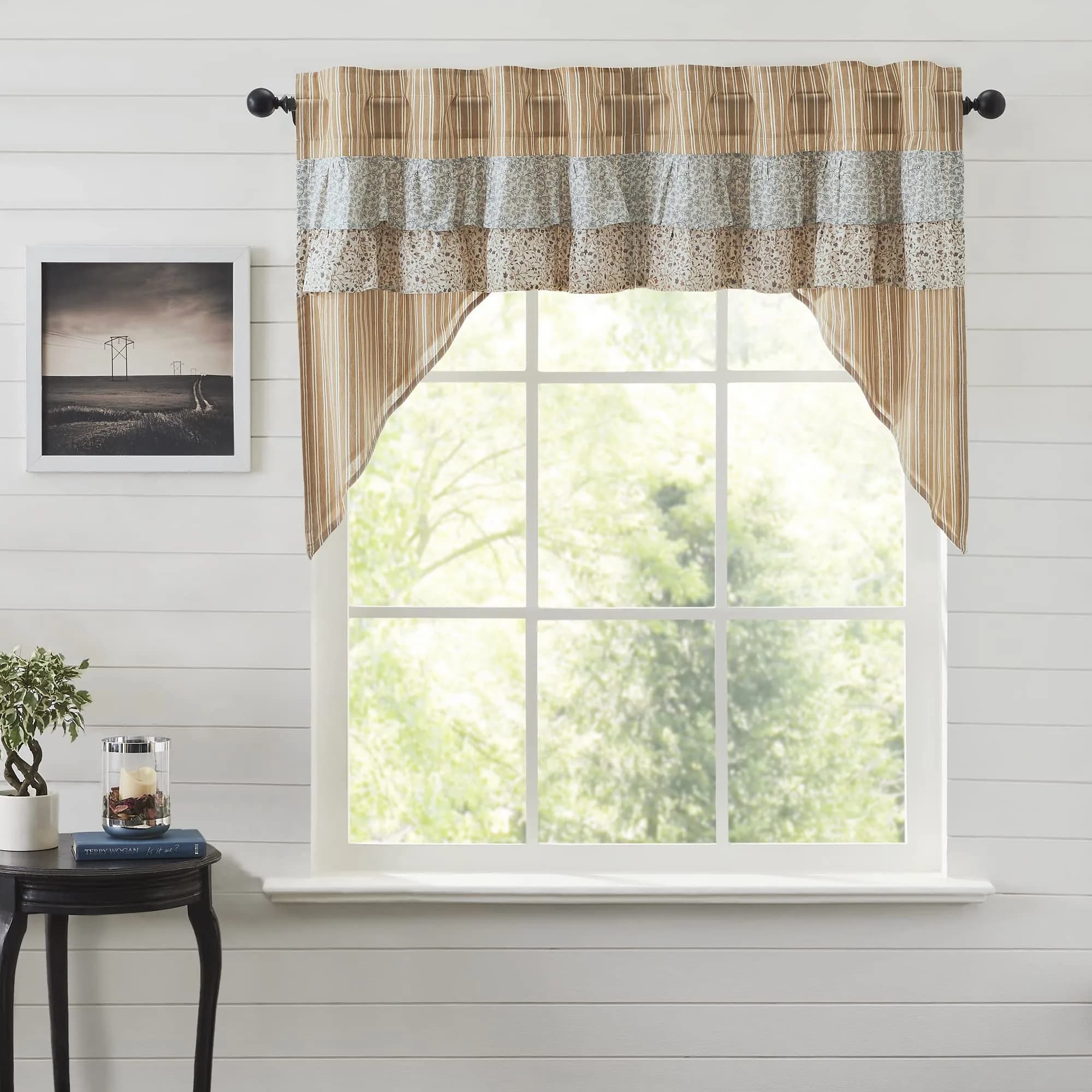 VHC Brands Kaila Country Cottage Ruffled Gold Ticking Stripe Curtain Swag Set 36x36x16 | Farmhouse Charm with Light Filtering Style - main product image