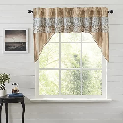 VHC Brands Kaila Country Cottage Ruffled Gold Ticking Stripe Curtain Swag Set 36x36x16 | Farmhouse Charm with Light Filtering Style thumbnail 1