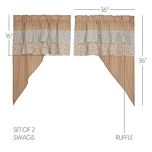 VHC Brands Kaila Country Cottage Ruffled Gold Ticking Stripe Curtain Swag Set 36x36x16 | Farmhouse Charm with Light Filtering Style thumbnail 2