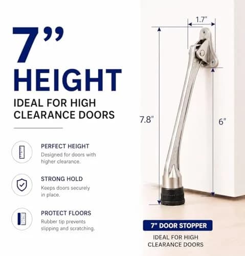 HOME&I 7-Inch Kick Down Door Stopper with Leaf Spring & Non-Slip Rubber Foot, Satin Nickel | Extended Reach Door Holder for Wood, Tile, Carpet & Concrete Floors thumbnail 6