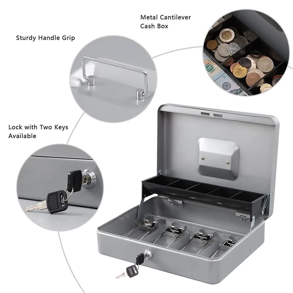 KYODOLED Lightgrey Locking Cash Box with Money Tray & Key Lock, 11.81x9.45x3.54 Inches - view 2