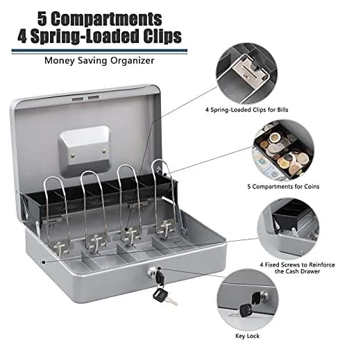 KYODOLED Locking Cash Box with Key Lock, Money Tray, 29.99cm x 24cm x 9cm | Sturdy Steel Construction for Secure Storage thumbnail 4