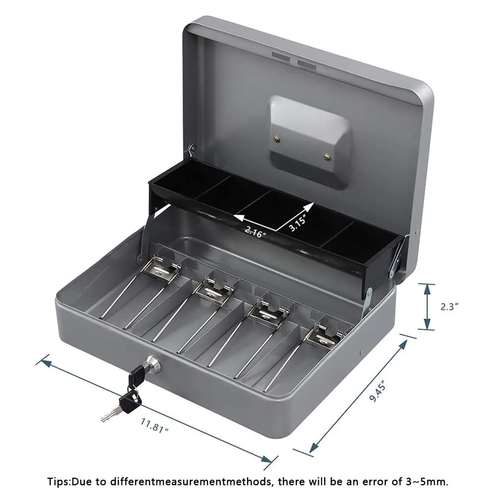 KYODOLED Lightgrey Locking Cash Box with Money Tray & Key Lock, 11.81x9.45x3.54 Inches - view 3
