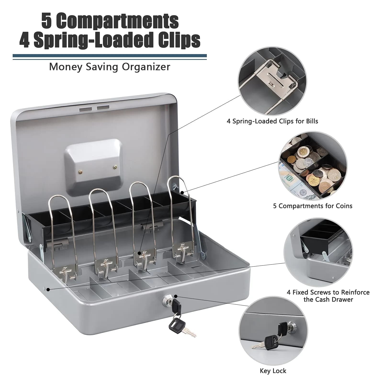 KYODOLED Lightgrey Locking Cash Box with Money Tray & Key Lock, 11.81x9.45x3.54 Inches - view 4