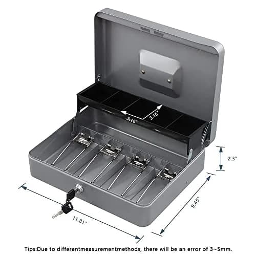 KYODOLED Locking Cash Box with Key Lock, Money Tray, 29.99cm x 24cm x 9cm | Sturdy Steel Construction for Secure Storage thumbnail 3