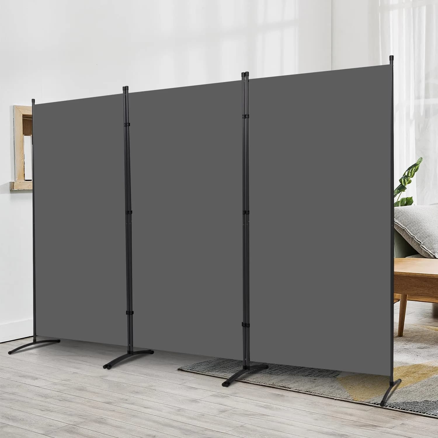 JVVMNJLK 3 Panel Folding Room Divider 102" Wx71.3" Grey | Portable Steel Privacy Screen