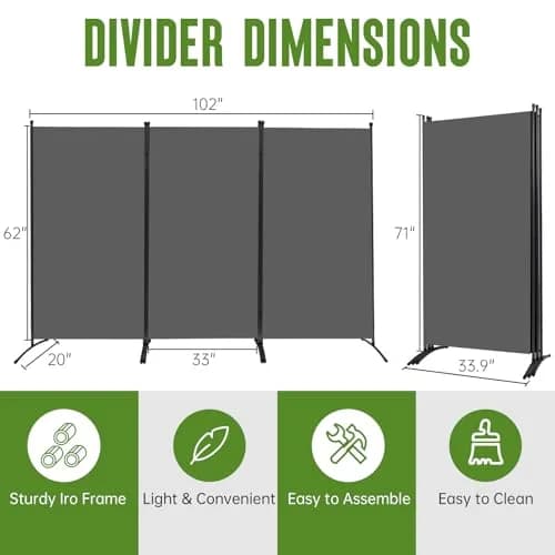 JVVMNJLK 3 Panel Folding Room Divider 102" Wx71.3" Grey | Portable Steel Privacy Screen thumbnail 6