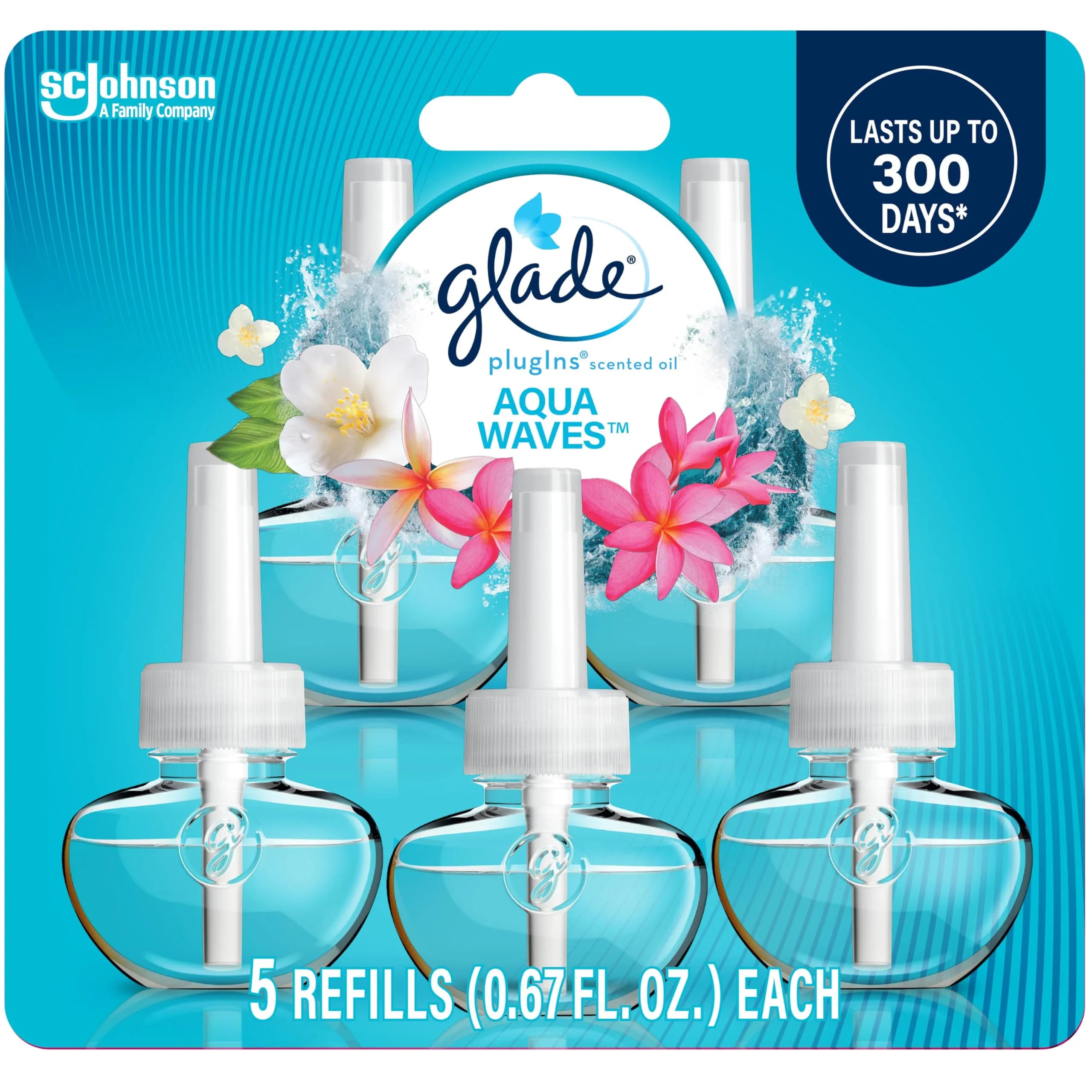 Glade PlugIns Refills Air Freshener Aqua Waves Scent, 5 Count | Essential Oils for Home & Bathroom - main product image
