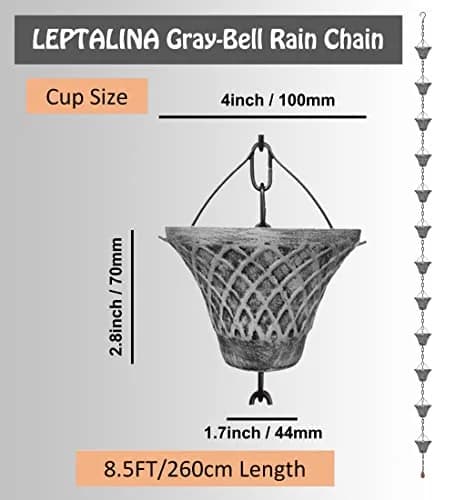 LEPTALINA Bell Iron Rain Chain 2.59m (8.5FT) with Adapter, Gray | Rust-Resistant Garden Decor thumbnail 3