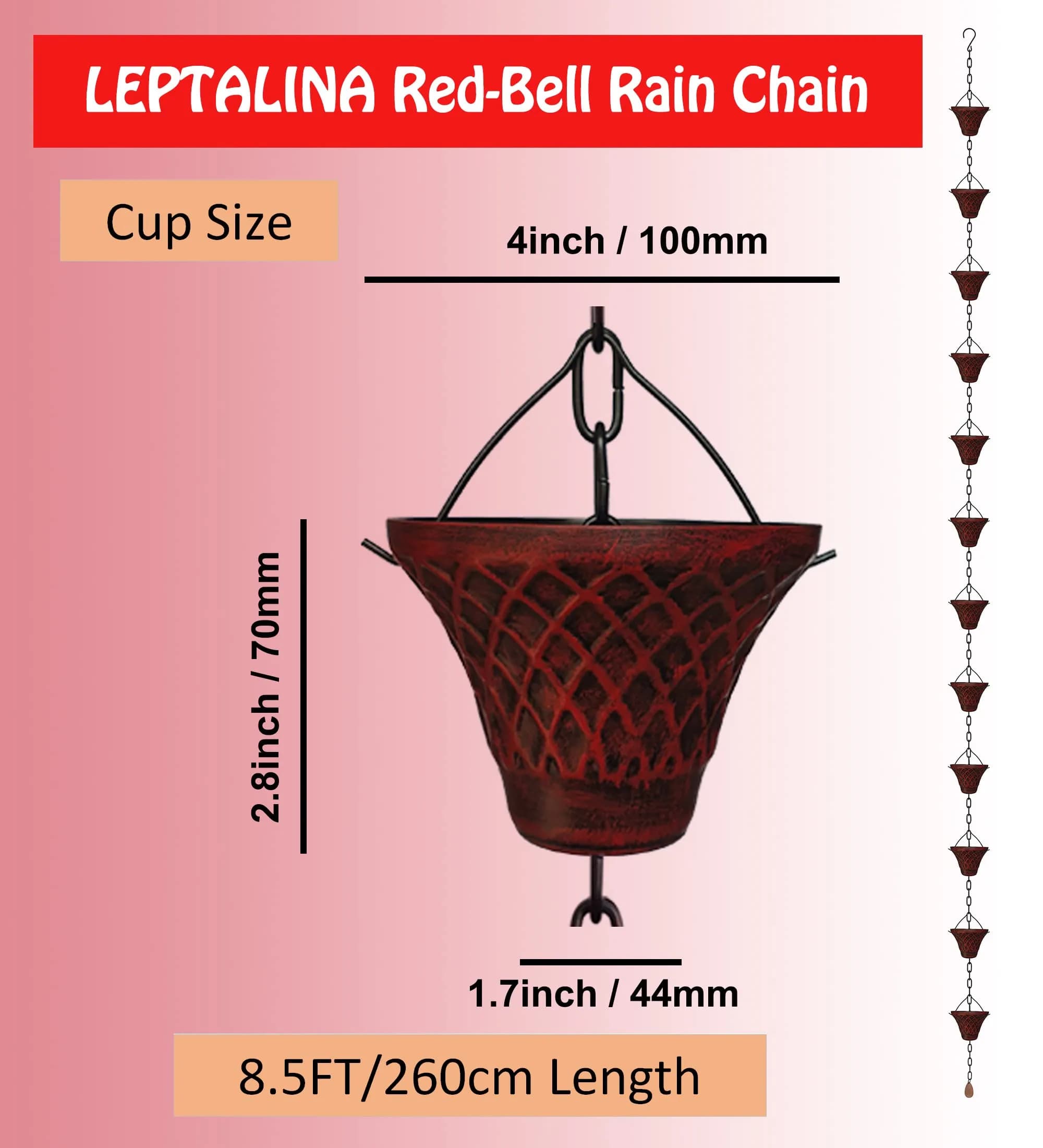LEPTALINA 8.5FT Antique-Red Bell Iron Rain Chain with Adapter - view 3