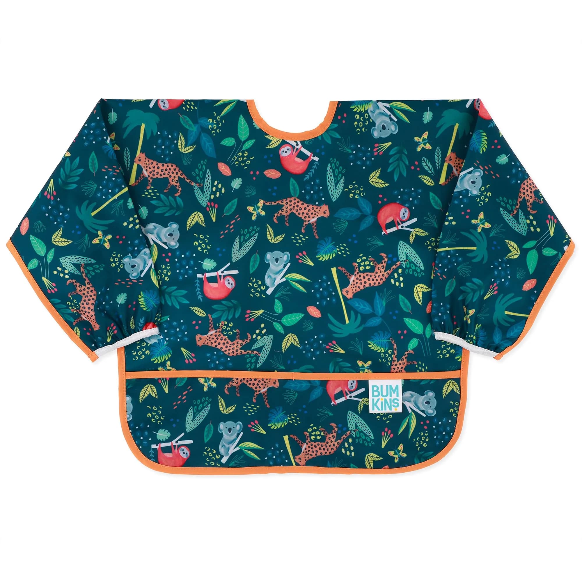 Bumkins Sleeved Bib for Babies 6-24 Months | Waterproof Fabric with Crumb Catcher Pocket, Jungle Print — Jungle Print
