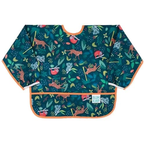 Bumkins Sleeved Bib for Babies 6-24 Months | Waterproof Fabric with Crumb Catcher Pocket, Jungle Print thumbnail 1